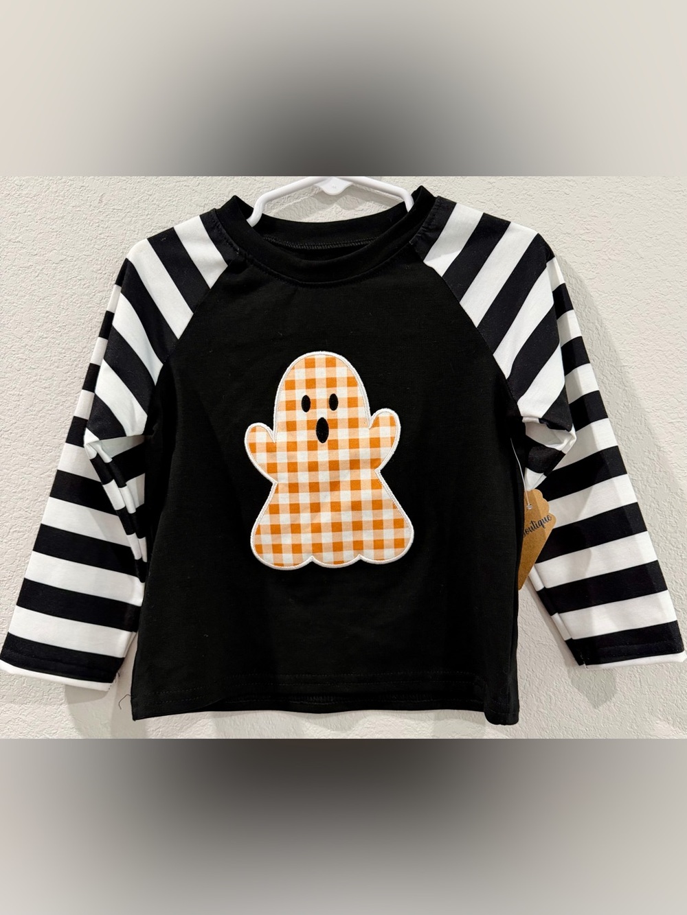 Boutique Black White Striped Orange Gingham Ghost Long Sleeve Halloween Top 2, 3